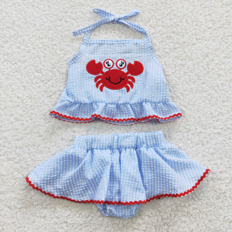 S0081 Summer embroidery Crab Seersucker Blue Girl's Briefs Set