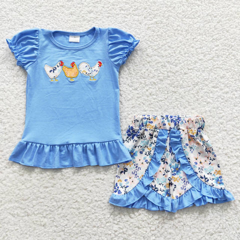 GSSO0211 Embroidery Summer Chick Blue Plaid Cute Girl's Shorts Set