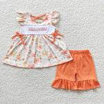 GSSO0235 Embroidery Mama's girl Orange Girl's Shorts Set