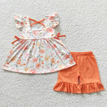 GSSO0235 Embroidery Mama's girl Orange Girl's Shorts Set