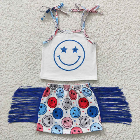 GSD0325 July 4th Smiley face Star Tassel Skirt Girl's Set
