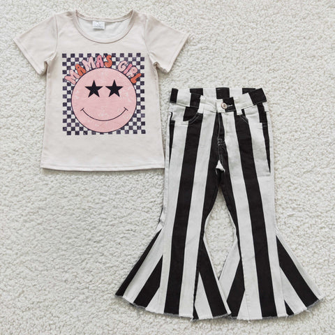 GSPO0544 MAMA'S GIRL Smiley Face Black Stripe Jeans 2 Pcs Girl's Set