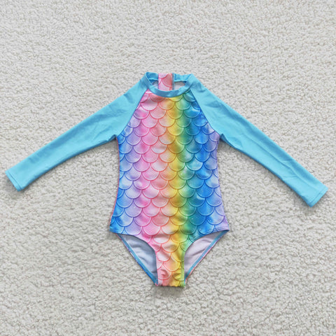 S0075 Summer Mermaid Scales Onesie Sky Blue Girl's Swimsuit