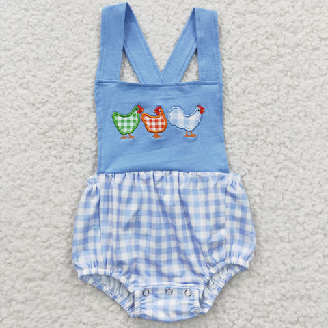 SR0286 Embroidery Summer Chick Blue Plaid Cute Baby Boy's Romper