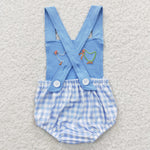 SR0286 Embroidery Summer Chick Blue Plaid Cute Baby Boy's Romper