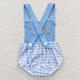 SR0286 Embroidery Summer Chick Blue Plaid Cute Baby Boy's Romper