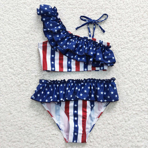 S0042 July 4th National Day Blue Star Red Stripe Girl's Swimsuit