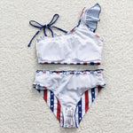 US Warehouse S0042 July 4th National Day Blue Star Red Stripe Girl's Swimsuit