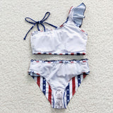 US Warehouse S0042 July 4th National Day Blue Star Red Stripe Girl's Swimsuit