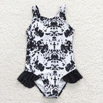 S0124 Summer Cow Black Girl's Swimsuit Onesie