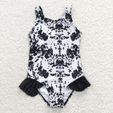 S0124 Summer Cow Black Girl's Swimsuit Onesie