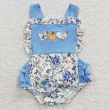 SR0285 Embroidery Summer Chick Blue Plaid Cute Baby Cute Girl's Romper