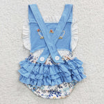 SR0285 Embroidery Summer Chick Blue Plaid Cute Baby Cute Girl's Romper