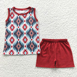 BSSO0215 Western Red Sleeveless Boy's Shorts Set