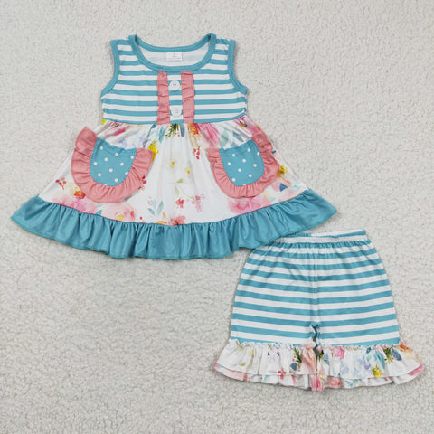 GSSO0240 Boutique Flower Stripe Girl's Shorts Set