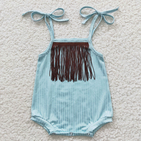 SR0289 New Fashion Sky Blue Brown Tassel Cute Baby Cute Girl's Romper Ribbed Fabric