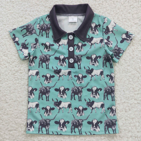 BT0211 Cow Blue Short Sleeves Buttons Boy's Shirt waffle fabric
