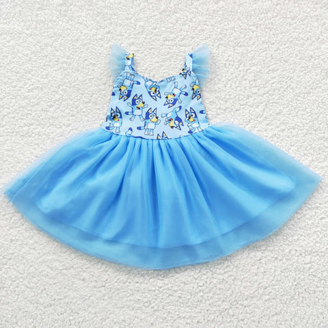 GSD0334 Blue Dog Cartoon Tulle Girl's Dress