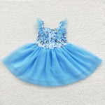 GSD0334 Blue Dog Cartoon Tulle Girl's Dress