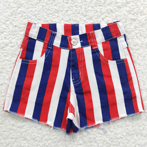 SS0082 Summer July 4th Red Blue Stripe Denim Girl's Shorts