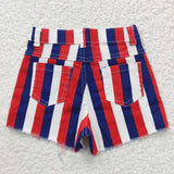 SS0082 Summer July 4th Red Blue Stripe Denim Girl's Shorts