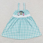 GSD0269 Embroidery Farm Pig Cow Blue Plaid Girl's Dress