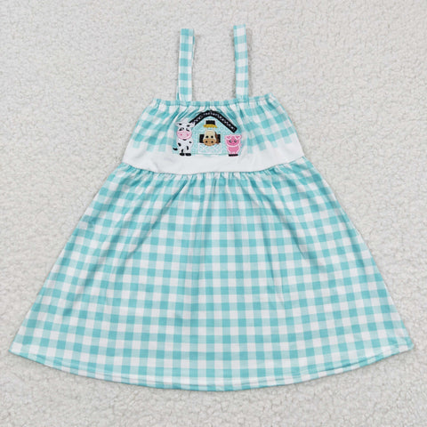 GSD0269 Embroidery Farm Pig Cow Blue Plaid Girl's Dress