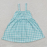 GSD0269 Embroidery Farm Pig Cow Blue Plaid Girl's Dress