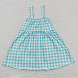 GSD0269 Embroidery Farm Pig Cow Blue Plaid Girl's Dress