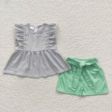 A9-22 Baby ruffles green shorts with belt 3 pcs Girl's set