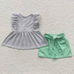 A9-22 Baby ruffles green shorts with belt 3 pcs Girl's set