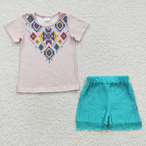 GSSO0272 Western Mint Tassel Girl's Shorts Set