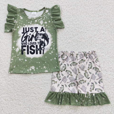 GSSO0295 Fishing Green Girl's Shorts Set