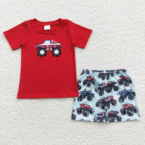 BSSO0185 embroidery Flag Star Car Red Boy's Shorts Set