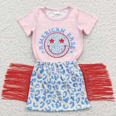 GSD0339 July 4th American Babe Leopard Tassel Skirt Girl's Set