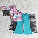 SALE GSPO0141  Fashion Cowgirl Flower Green Tassel Black Girl's Set