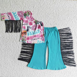 SALE GSPO0141  Fashion Cowgirl Flower Green Tassel Black Girl's Set