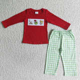 Christmas Embroidery Green animal Plaid Red Boy's Set