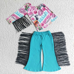 SALE GSPO0141  Fashion Cowgirl Flower Green Tassel Black Girl's Set