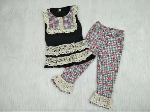 Sleeveless lace black shirt flowers pants set