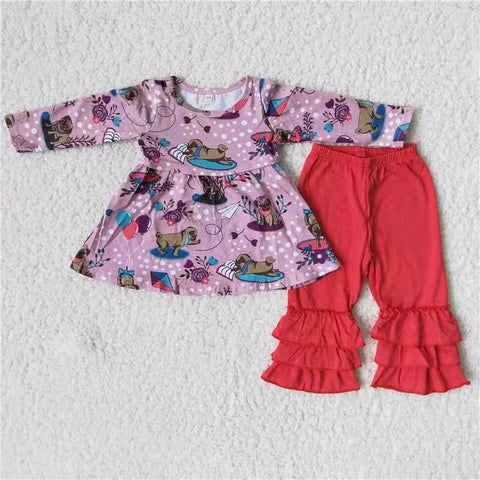 Dog read the book red flower lace pants set