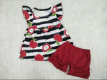White shirt with black stripe and apple pure red shorts